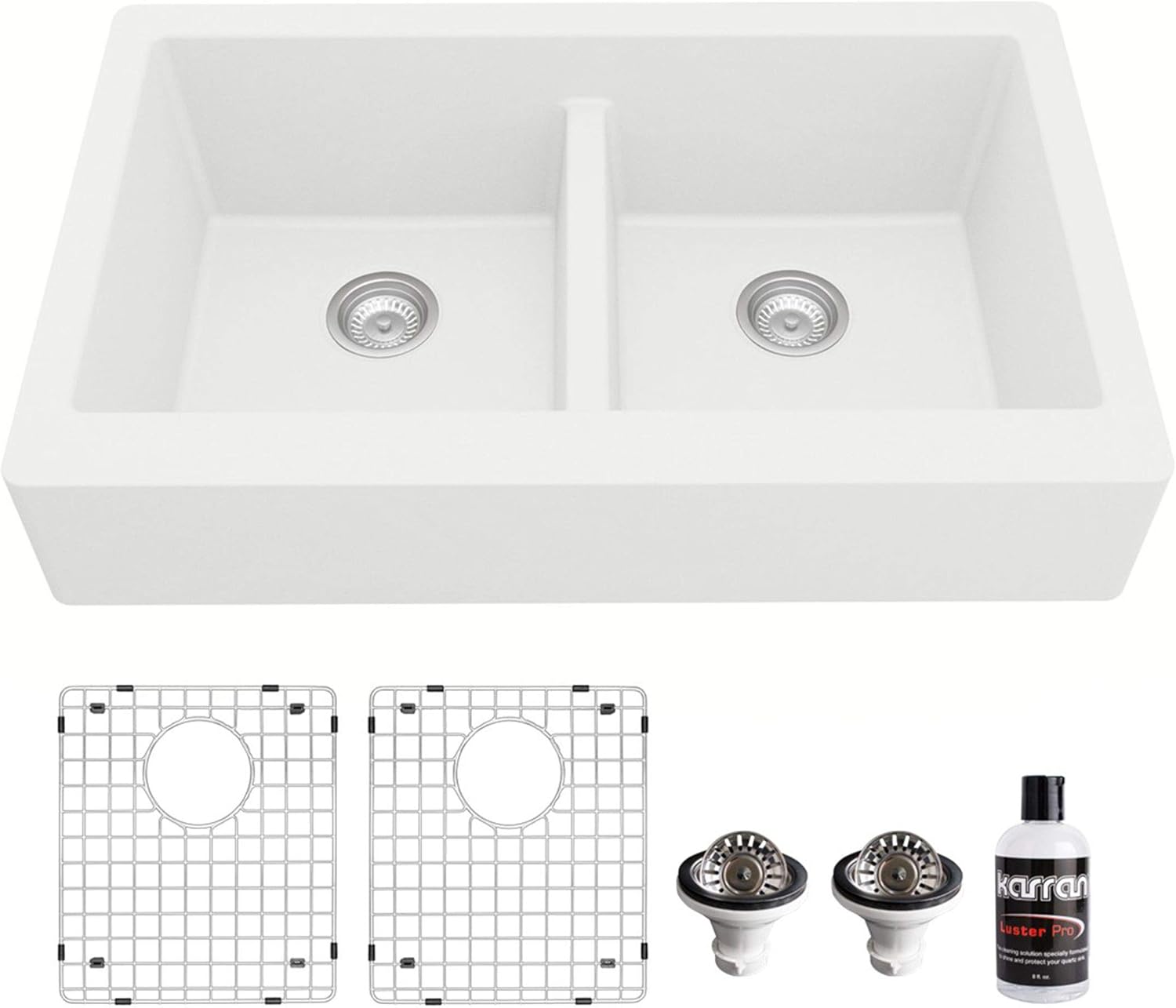 Karran QAR-750 Retrofit Farmhouse Apron Front Quartz Composite 34 in. Double Bowl Kitchen Sink Kit in White
