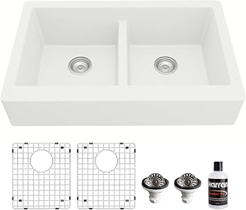 Karran QAR-750 Retrofit Farmhouse Apron Front Quartz Composite 34 in. Double Bowl Kitchen Sink Kit in White