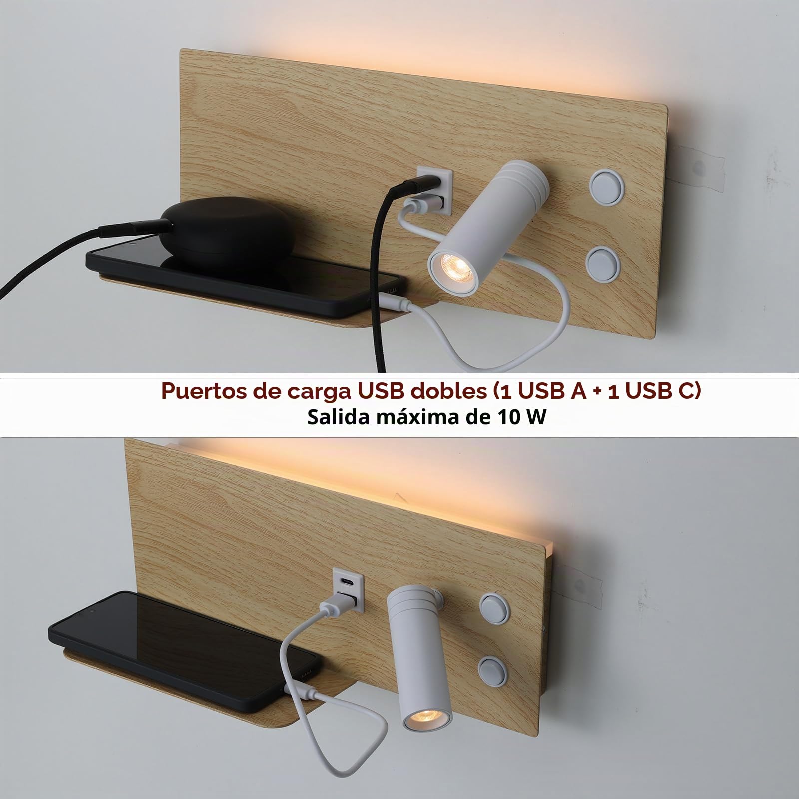 Alpinaluz Aplique de Pared con Foco Derecho, Luz LED de Lectura y Ambiente 2700K, USB-C y USB-A, Repisa para Móvil, Acero con Acabado Madera Clara, Doble Interruptor para Dormitorio Cabecero