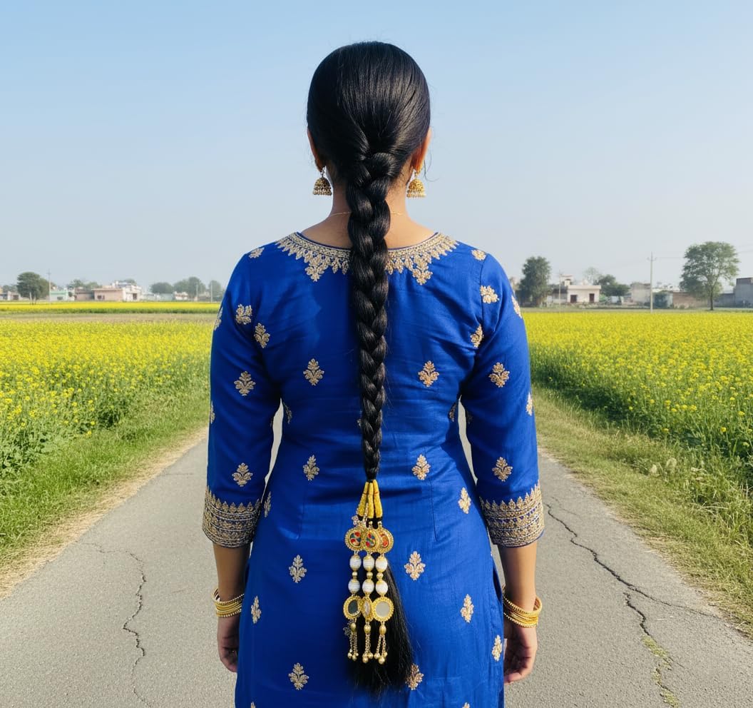 Traditional Punjabi Paranda with Pearl Detailing Elegant Hair Braid Accessory Featuring Golden Motifs & Classic Black Thread Perfect for Weddings, Festive Functions & Ethnic Hairstyles (Golden)