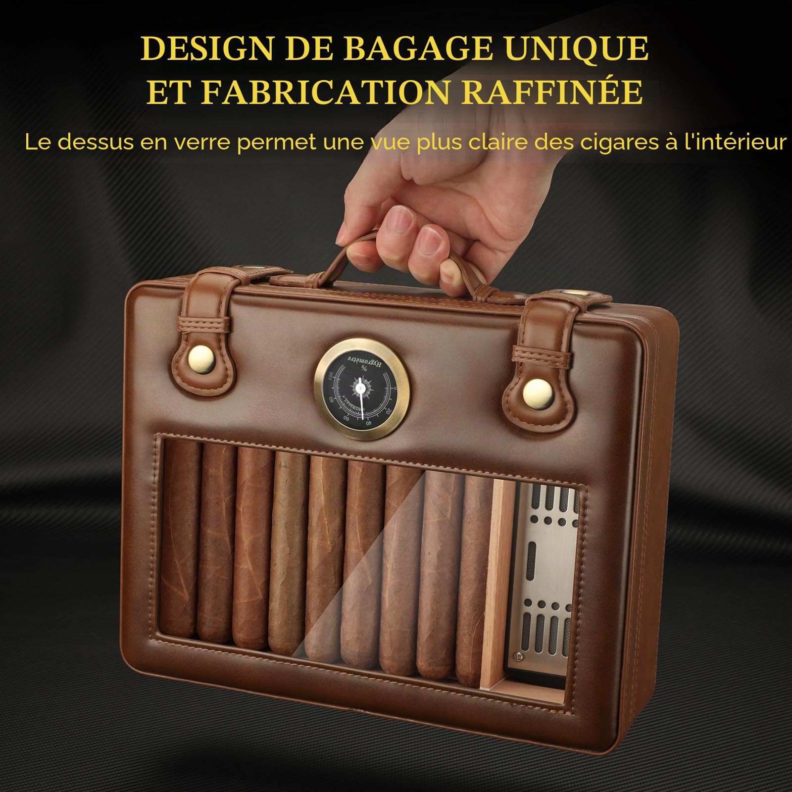 Cave à cigares, Accessoires de Voyage, boîte à cigares Portable avec Couvercle en Verre, hygromètre et humidificateur, Doublure en Bois de cèdre, Grande Cave à cigares