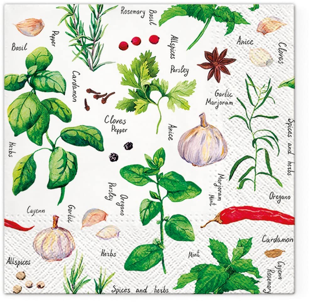 20 Napkins Herbs and Spices | Food | Kitchen | Cooking | Parsley | Basil | Rosemary | Mint | Table Decoration 33 x 33 cm