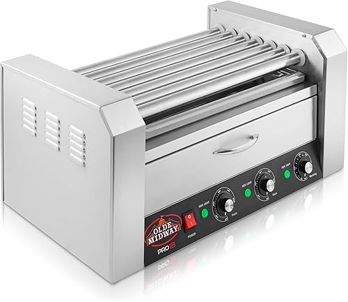 Miniatura 2 de Olde Midway Máquina eléctrica de 18 Hot Dog con 7 rodillos para parrilla con cajón de calentamiento de bollo, grado comercial, acero inoxidable