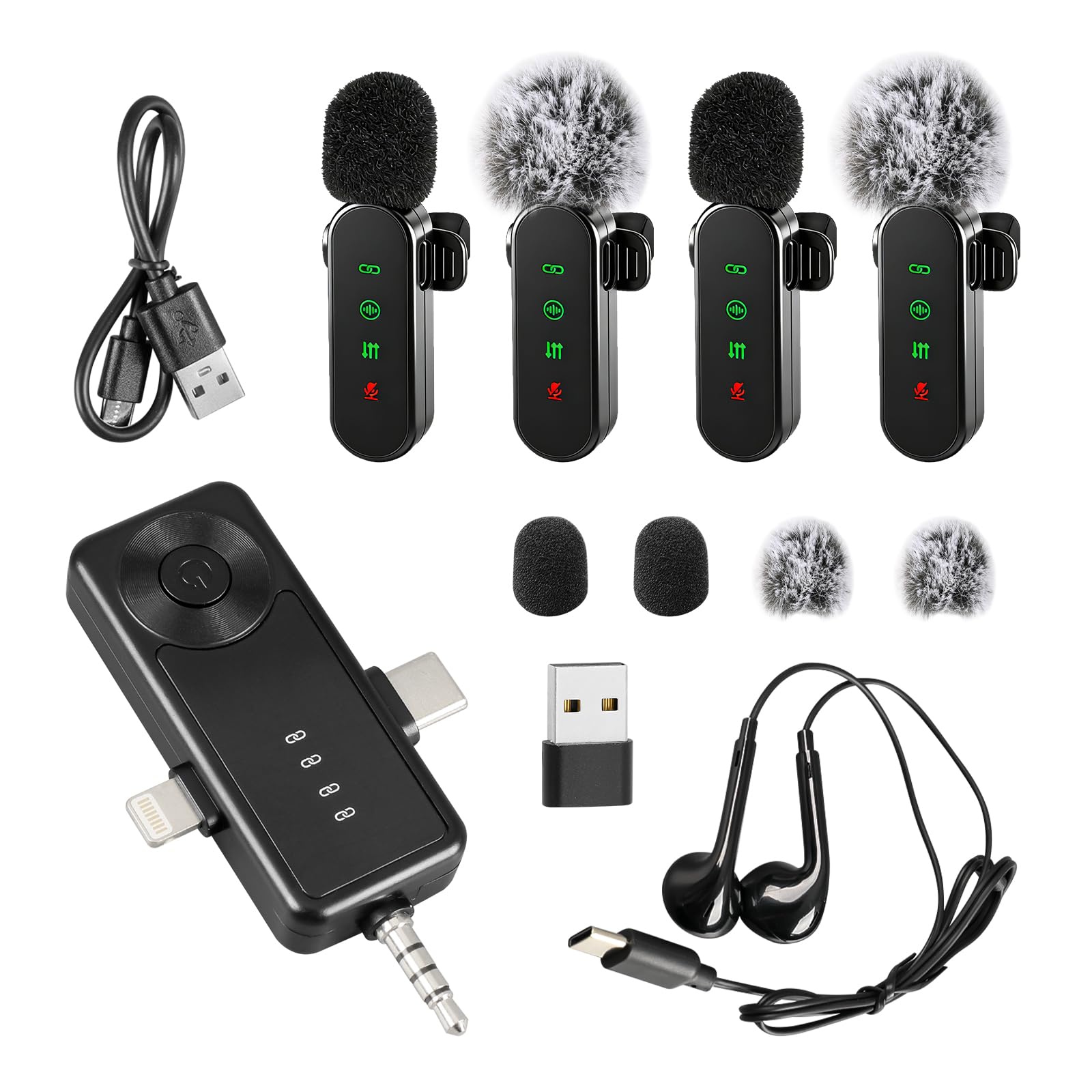 Microfoni Lavalier wireless con display a LED, confezione da 4 microfoni Lavalier con clip per accoppiamento automatico, mini microfono con riduzione del rumore per registrazione video Vlogging TikTok