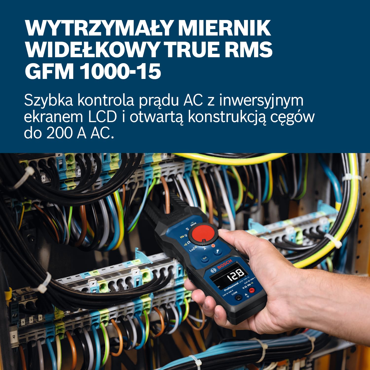 Bosch Profesjonalny Szczypce do pomiaru prądu GFM 1000-15 (True RMS, inwersyjny wyświetlacz LCD, mierzy do 200 A AC, bezkontaktowy detektor napięcia, 2 x 1,5 V LR06 (AA))
