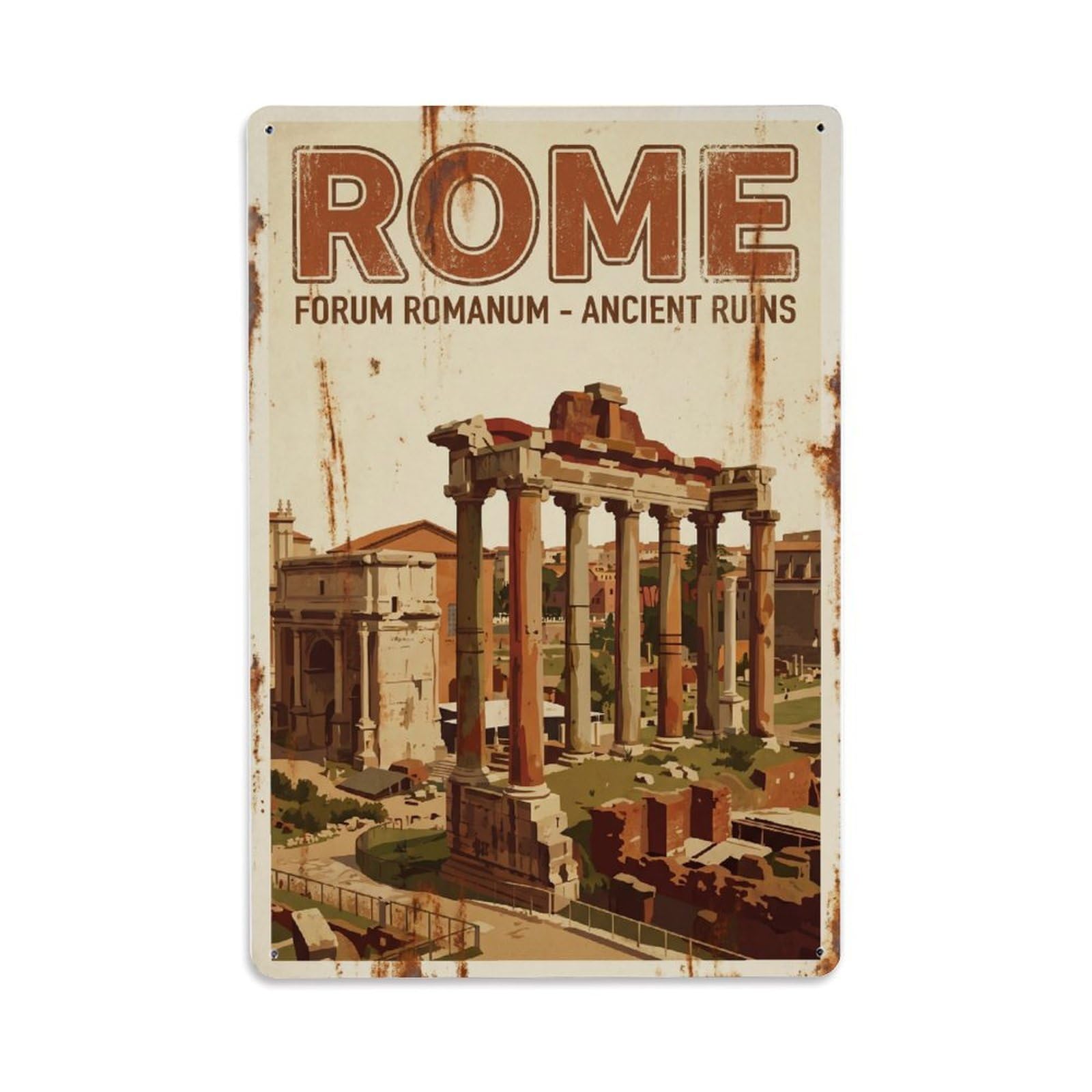 Vintage Travel Rome Roman Forum Ancient Ruins Rusted Italy Metal Tin Sign Plaque Wall Decor for Cafe, Club Bar, Office, Home Garden Metal Poster 8x12Inch