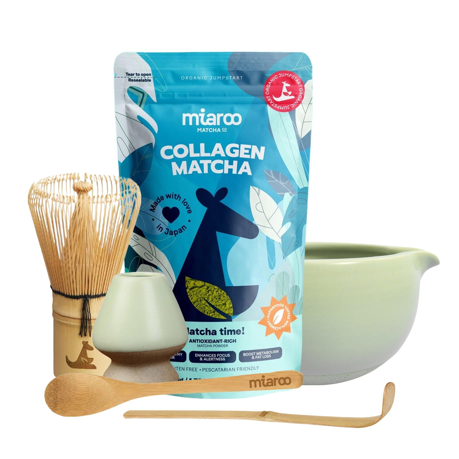 Miaroo Deluxe Matcha Kit: Experience the Finest with Premium Matcha (Collagen), Bamboo Whisk, Chasen Holder, Wooden Spoon & Scooper!