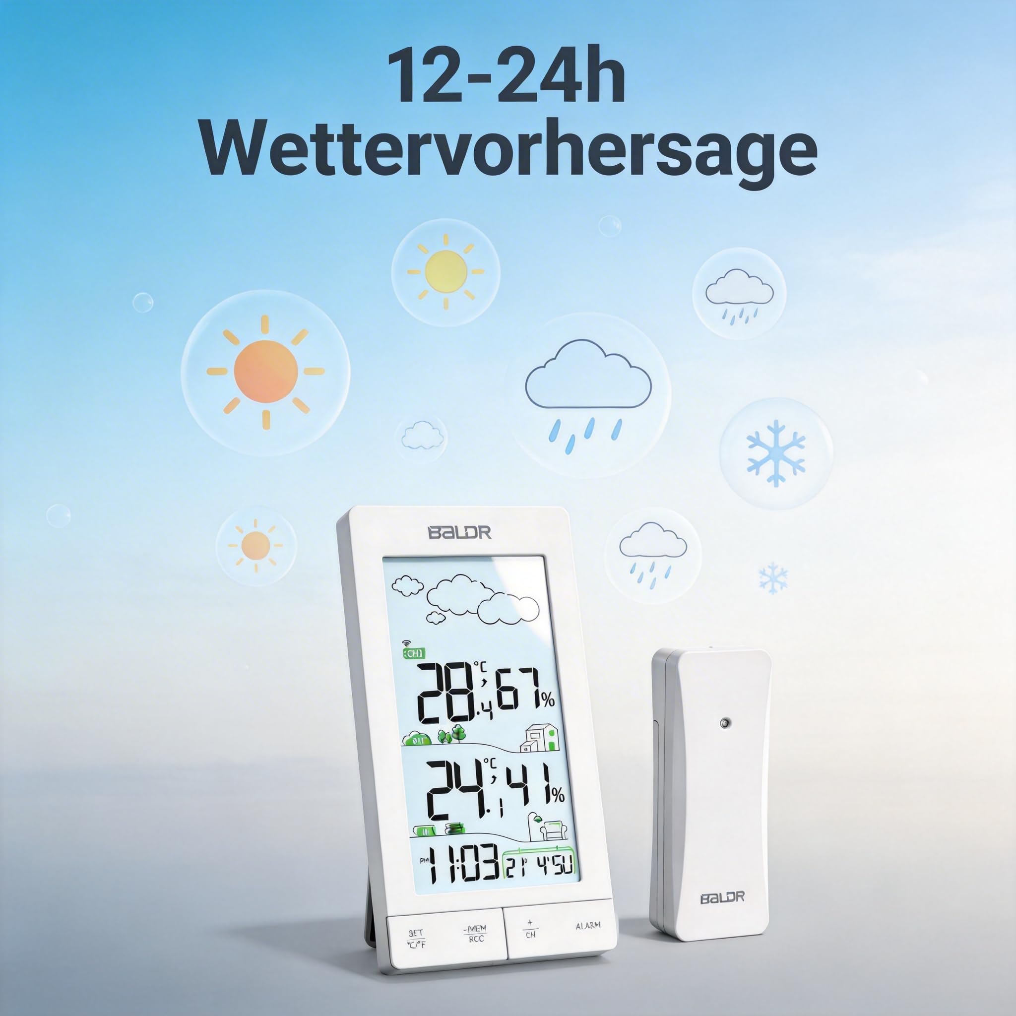 Konsen Wetterstation Funk mit Außensensor – 5" Display mit Hintergrundbeleuchtung, DCF Funkuhr, Innen- & Außentemperatur, Luftfeuchtigkeit, Wettervorhersage, einfache Bedienung durch vordere Tasten