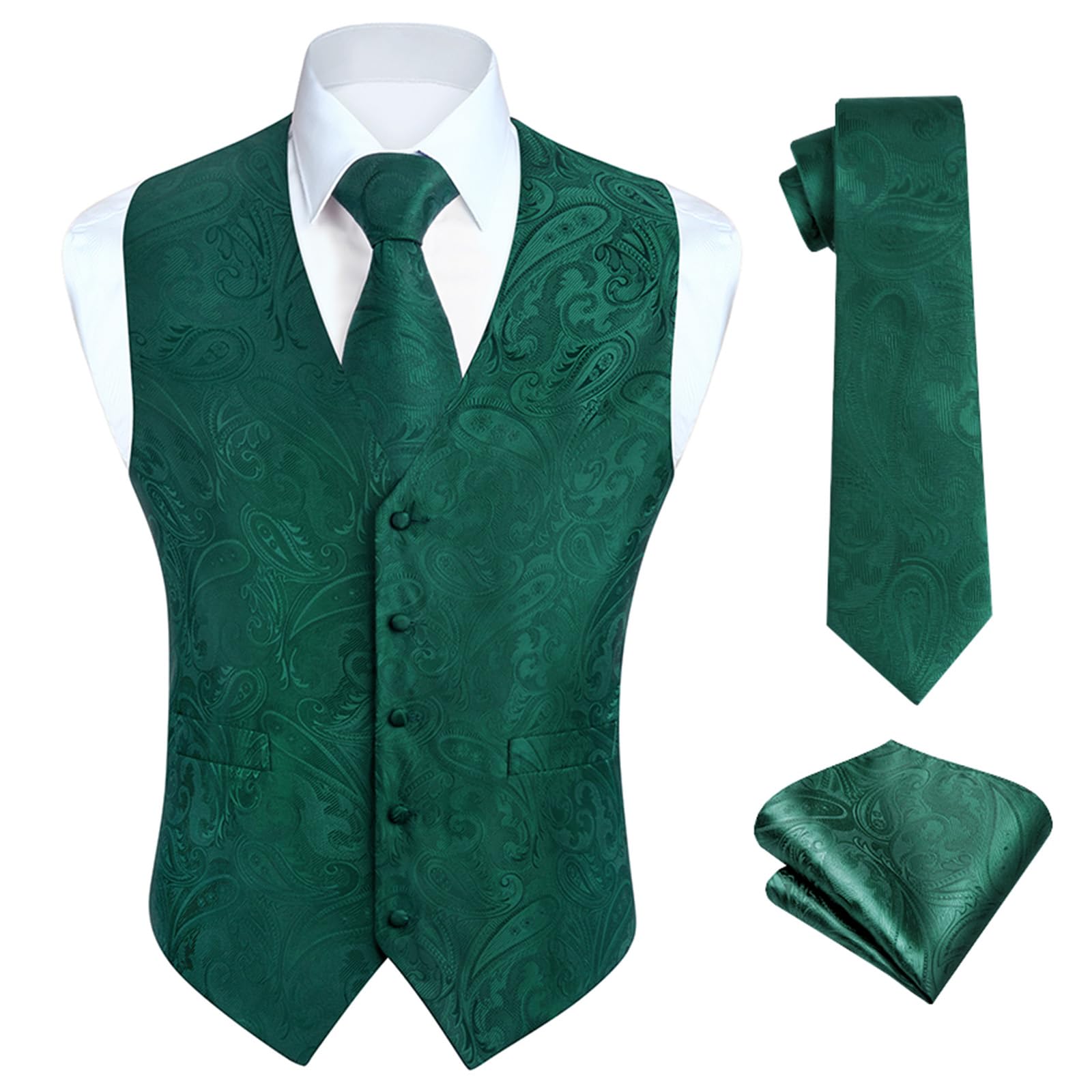 HISDERN Vest and Tie Sets for Men Vests Paisley Floral Jacquard Necktie Pocket Square 3PCS Waistcoat for Suit or Tuxedo