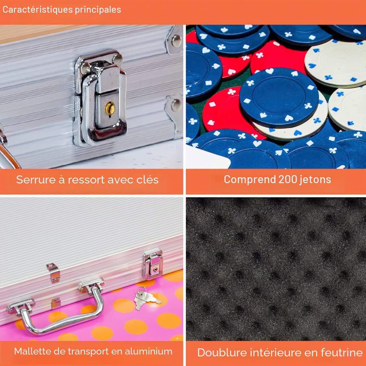 Global Gizmos Malette de Poker Dés/jetons/Cartes dans Un étui en Aluminium (200 pièces)
