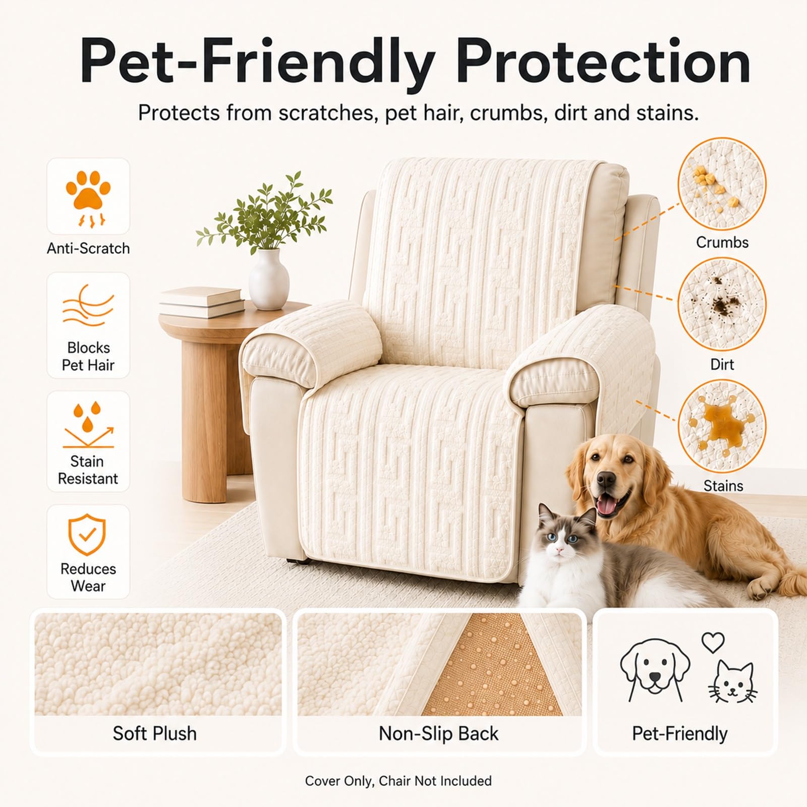 Copripoltrona Relax Reclinabile Antiscivolo, Copri Poltrona Adatto agli Animali Domestici Lavabile, Copripoltrona 1 Posto in Peluche Corto Traspirante per Sedie(E-white)