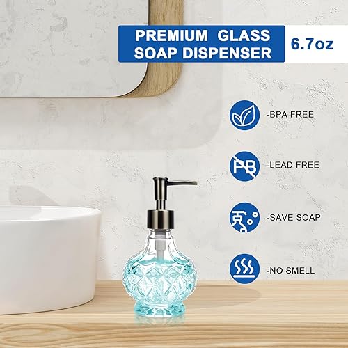 Vista 5 de Dispensador de jabón líquido de vidrio para baño, diseño de cristal transparente de 8.5 onzas, dispensador de jabón reutilizable vintage con bomba