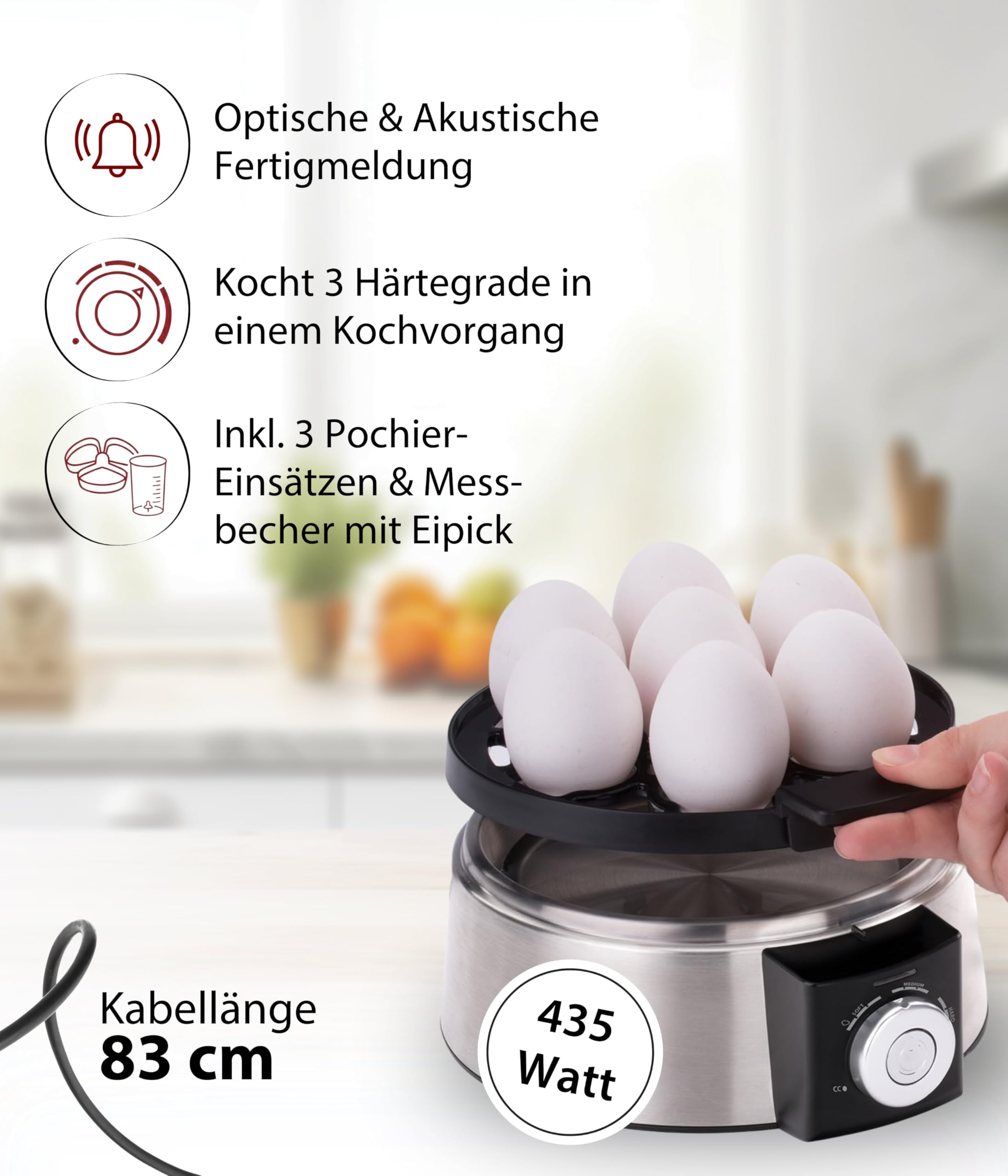 Cloer 6070 Elektronischer Eierkocher für bis zu 7 Eier, Weiterkochfunktion, akustische Fertigmeldung, 3 Pochierschalen, 435 W, Edelstahl