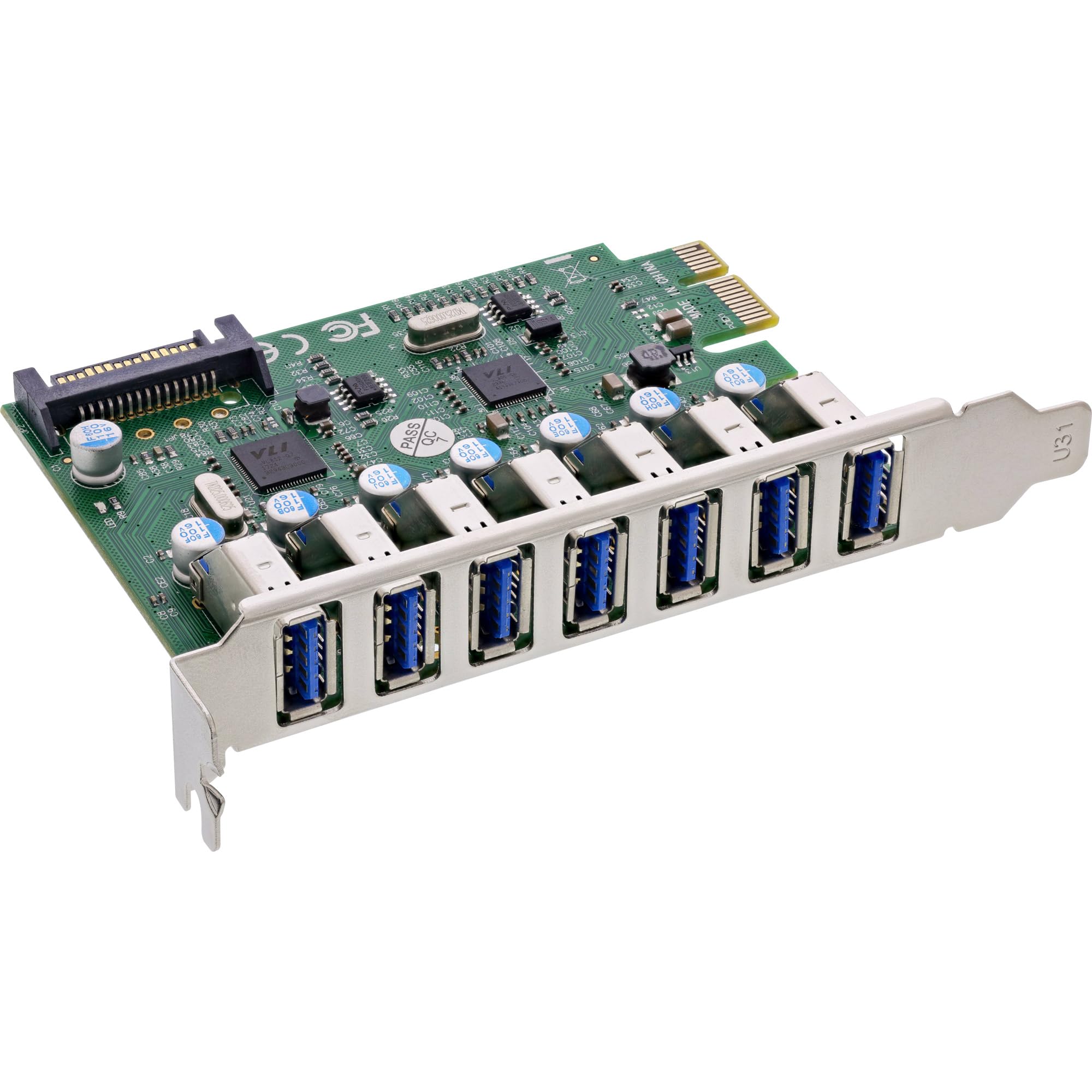 InLine PCIe 76661L - Tarjeta USB 3.2 (7 Puertos USB-A Gen.1, 5 GB/s, conexión de alimentación SATA, VL805, para Windows y Linux)