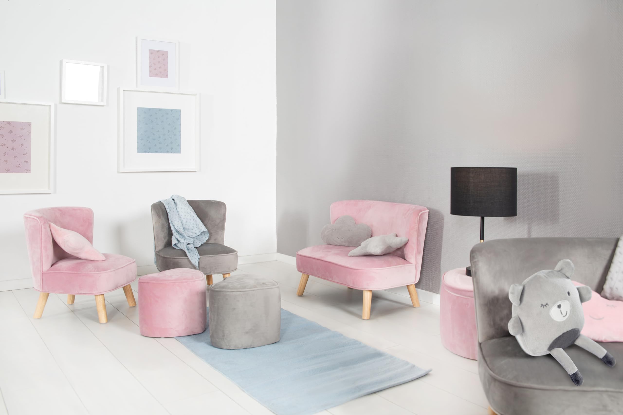 roba Kanapa dziecięca Lil Sofa dla dziewczynek i chłopców - Wygodna kanapa dla dzieci - Stabilne drewniane nóżki - Materiał z weluru w kolorze różowym