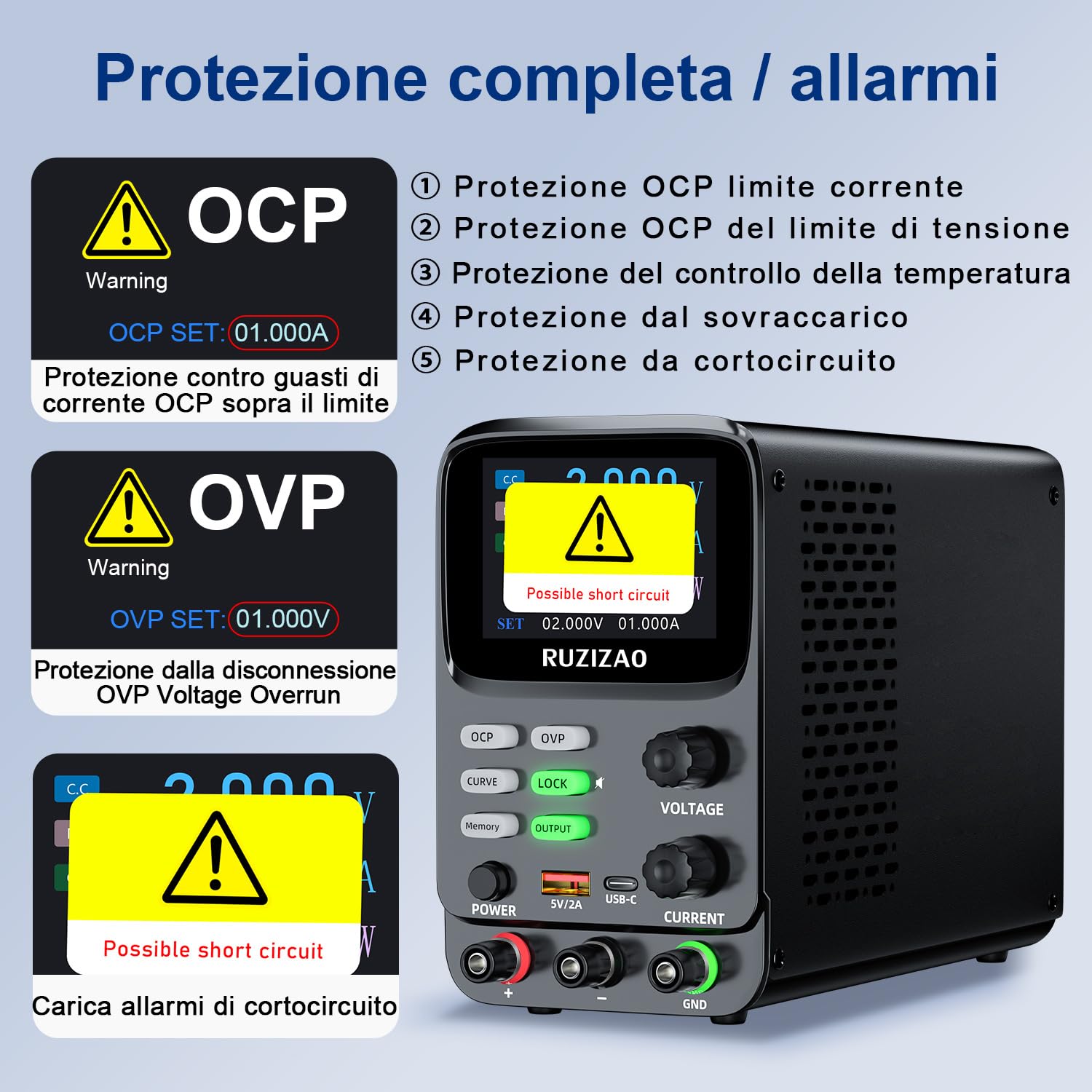 Alimentatore da Laboratorio Alimentatore da Banco 30V 10A Alimentazione DC Regolabile con Curva Grafica, Blocco di Alimentazione con Display LCD a 5 bit Display Corrente mA di Precisione