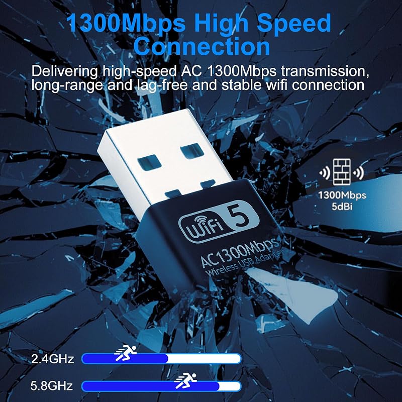 Aigital USB WiFi Adapter 1300Mbps Dual Band 2.4GHz/5.8GHz Vezeték Nélküli Hálózati Vevő PC/Laptop Windows 11/10/8/7/XP és Mac OS Kompatibili
