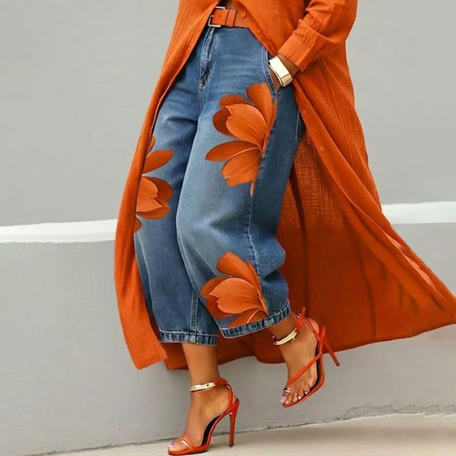 Pantaloni da donna in denim con stampa a gamba larga, jeans in denim da