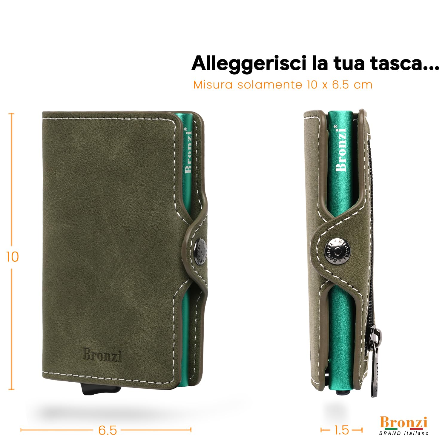 Bronzi Portafoglio Porta Carte Credito - Portafoglio Uomo Donna Slim Portacarte - Mini Porta Tessere - Protezione RFID Portatessere - Design Smart Pelle Verde Oliva