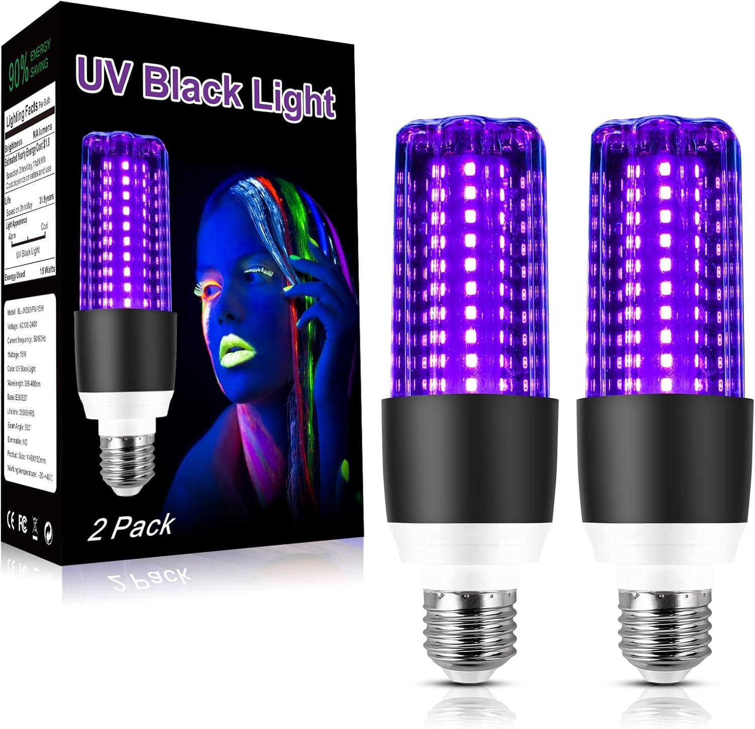 LED Black Light Bulb 15W UV Blacklight 100W Replacement 120V E26 Base, UVA Level 395-400nm Glow in The Dark for Body Pain, Blacklights Party, Halloween Decoration，2 Pack