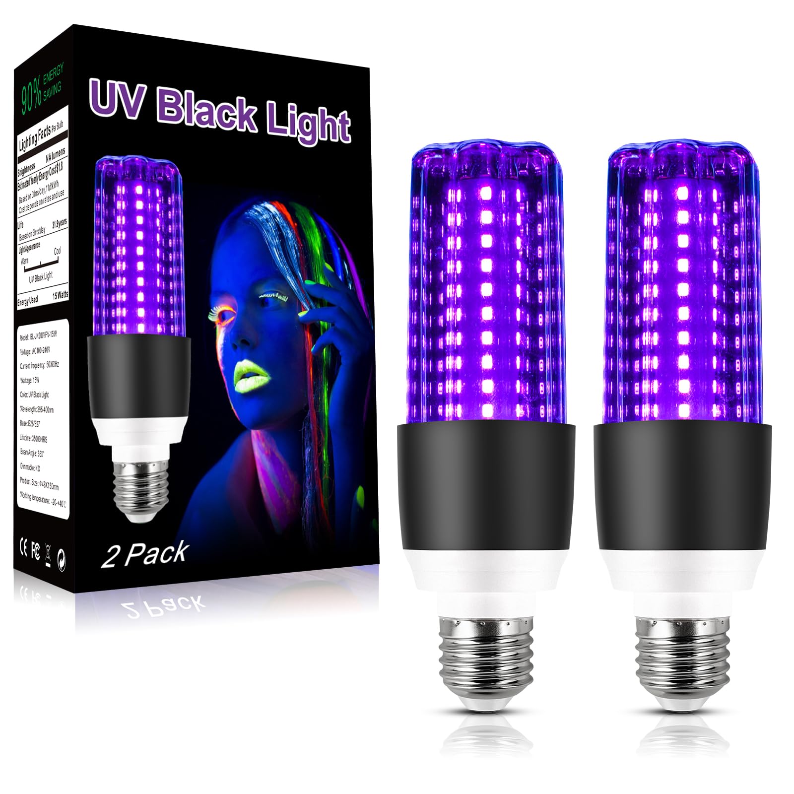 LEDBEFINE LED Black Light Bulb 15W UV Blacklight 100W Replacement 120V E26 Base, UVA Level 395-400nm Glow in The Dark for Body Pain, Blacklights Party, Halloween Decoration，2 Pack