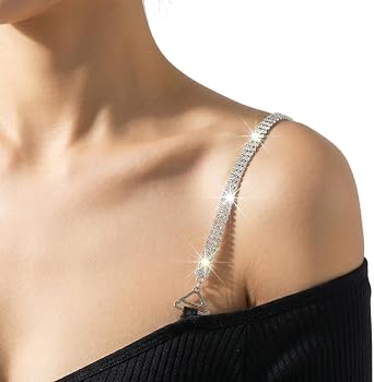 2PCS Rhinestone Bra Straps, Bling Silver Bras Straps Replacement for Women, Detachable Crystal Chain Bra for Strapless Backless Dress, Adjustable Crystal Lingerie Chain