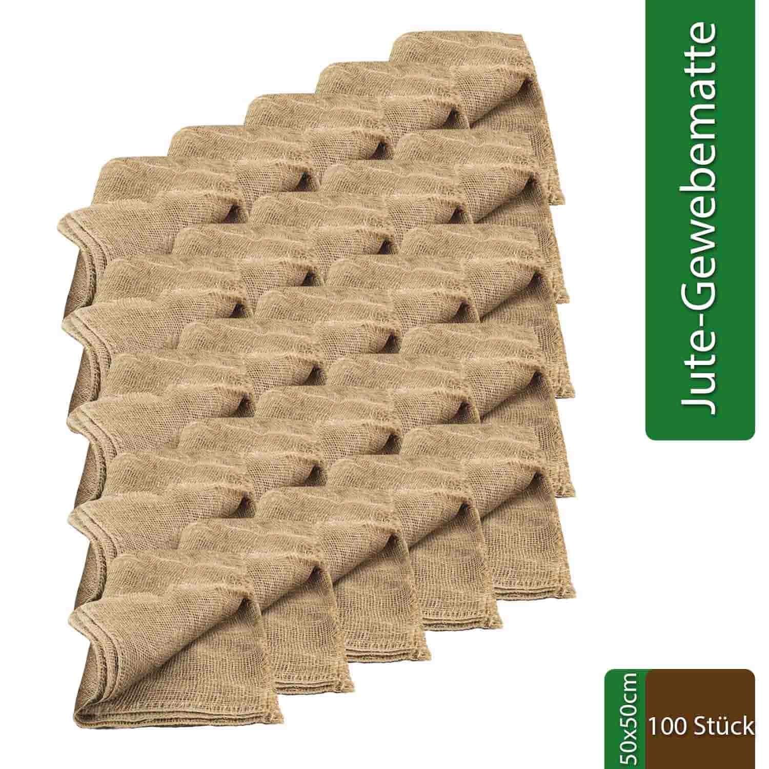 Tela de yute 100 unidades de 100 % natural, 50 x 50 cm, peso 100 g/m2, tela de yute natural ecológica, ancho de malla 4 x 4 mm, reforzado lateralmente, aspecto natural rústico.