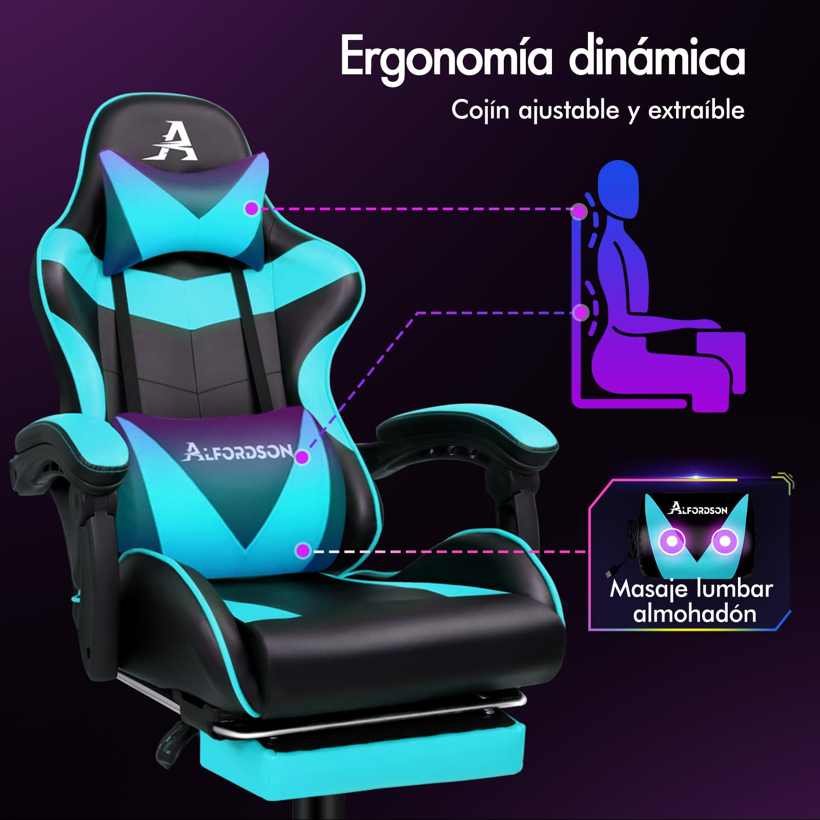 ALFORDSON Silla Gaming Profesional con Masajeador, Silla Ergonómica Gamer, Altura Regulable Silla con Apoyo Lumbar y Reposacabezas, Respaldo Inclinable hasta 150°, Giratoria de 360°, Cuero PU(Cian)
