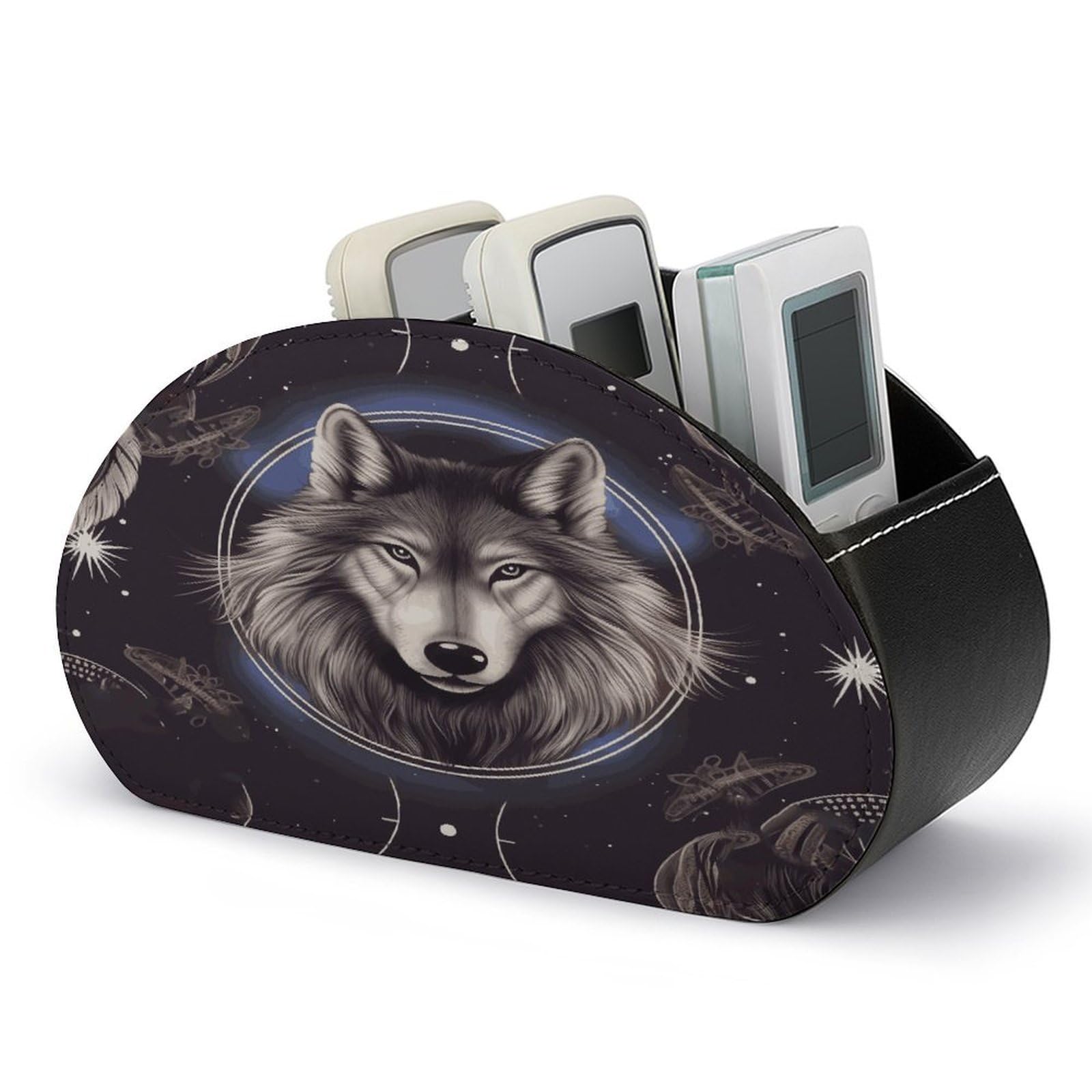 FekiLoot Wolves And Dream Catchers Remote Control Holder, PU Leather Remote Control Organizer Box Stationery Remote Control Box Desk Storage Organizer for DVDs,Glasses,Pens,Media Players