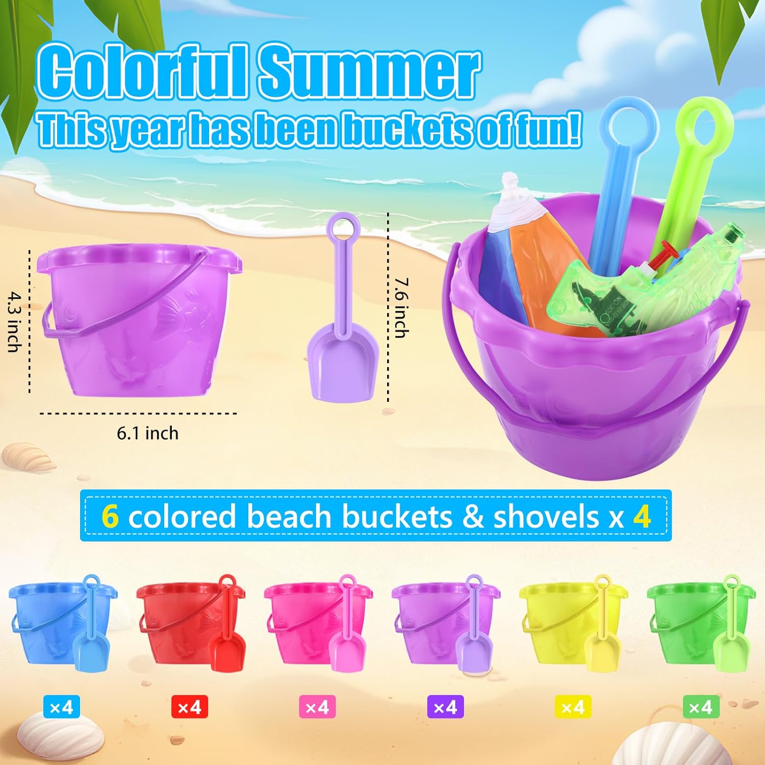 24 Set End of Year Students Gift from Teacher Bulk Sand Bucket and Shovels Beach Balls Water Squirts Summer Pool Party Favors Preschool Kindergarten Graduation Gifts for Kids(Scalloped Beach Bucket)