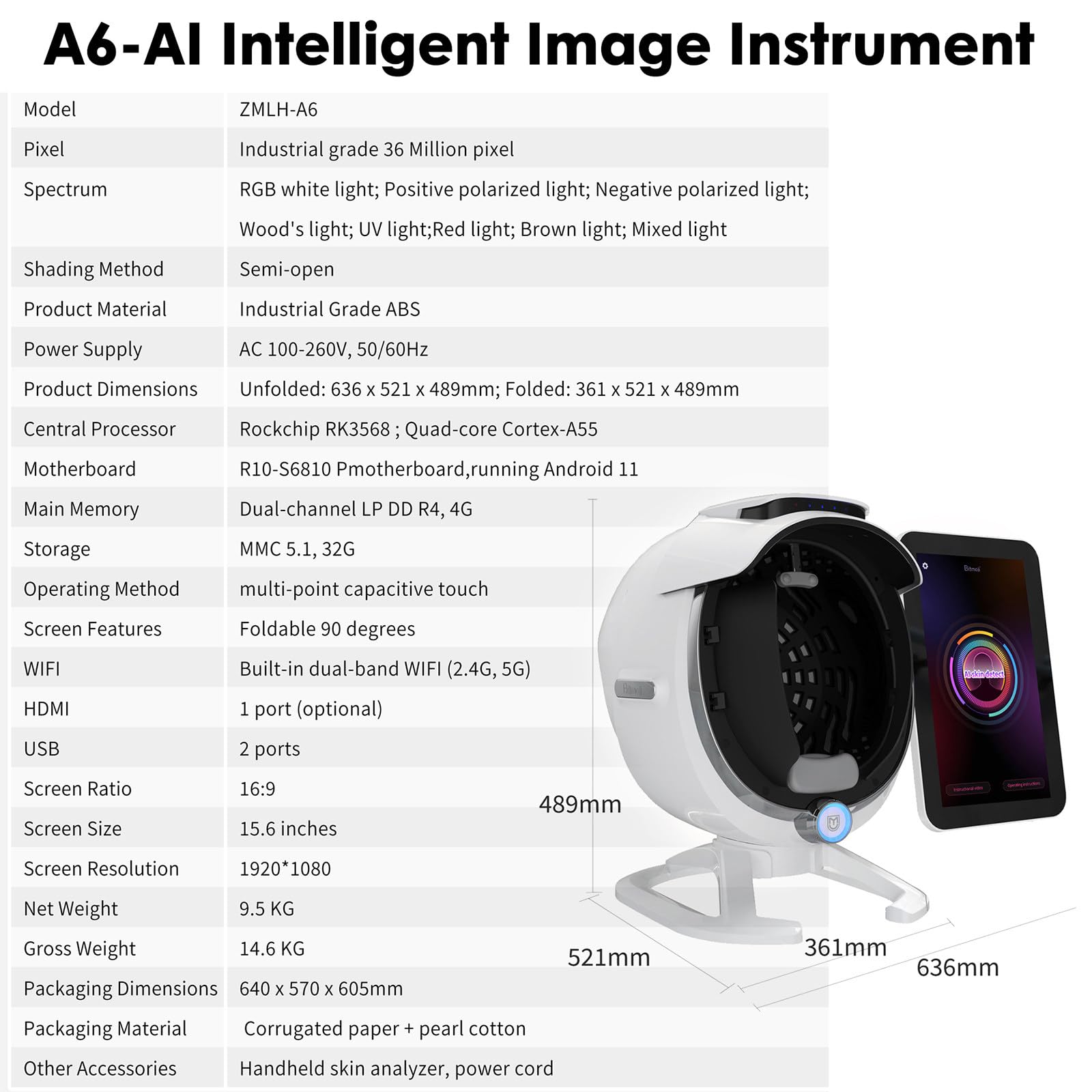 A6 AI Hautanalysator, 3D Intelligenter Gesichtshaut-Scanner mit 36MP Kamera zur Erkennung von Falten, Poren und Feuchtigkeit, professionelle Hautanalysemaschine für Salon SPA Heimgebrauch, 39,6 cm