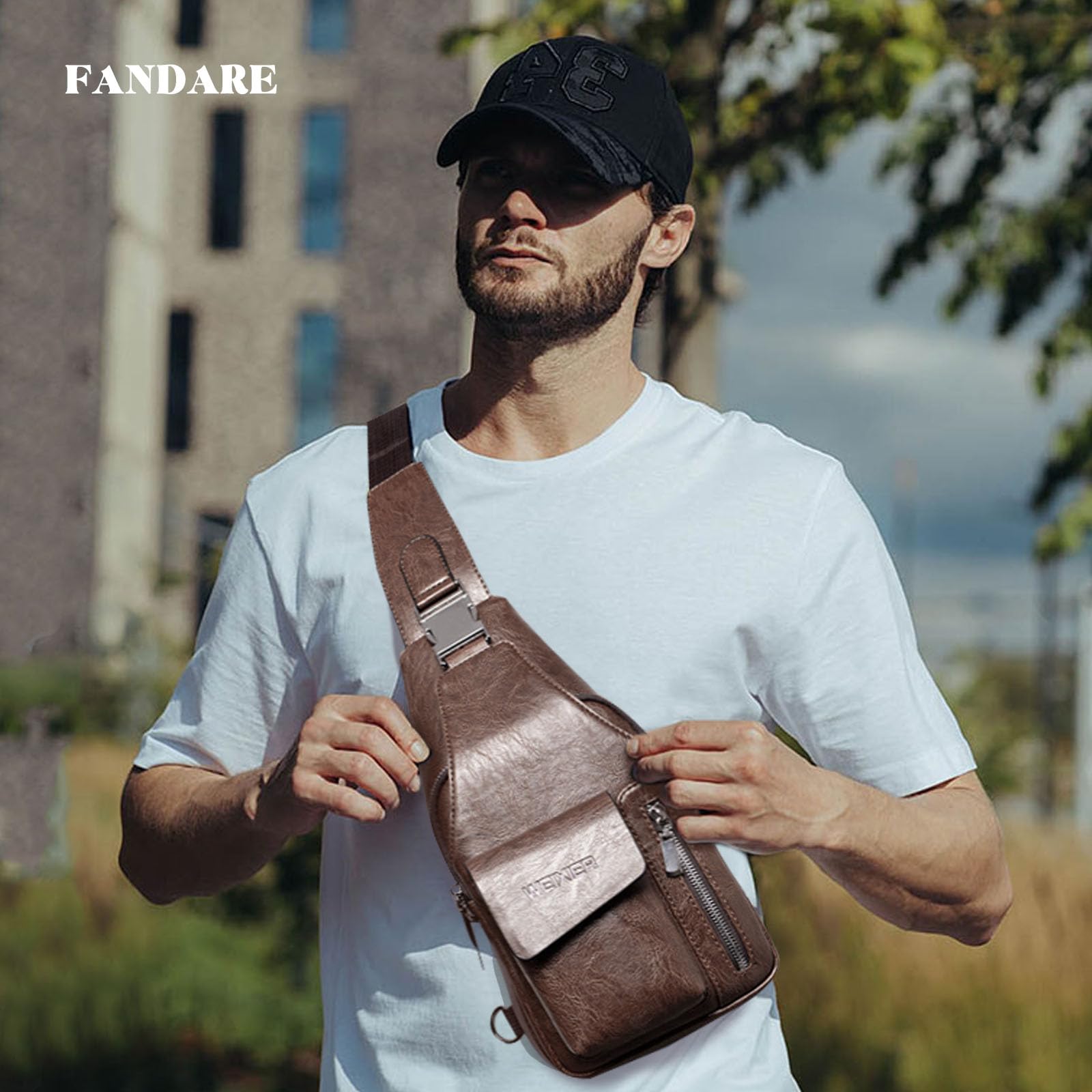 FANDARE Retro Sling Chest Bag Lightweight Shoulder Crossbody Backpack Men Business Casual Daypacks for Outdoor Travel Work Hiking Running Indoor Activities Waterproof PU Leather Black