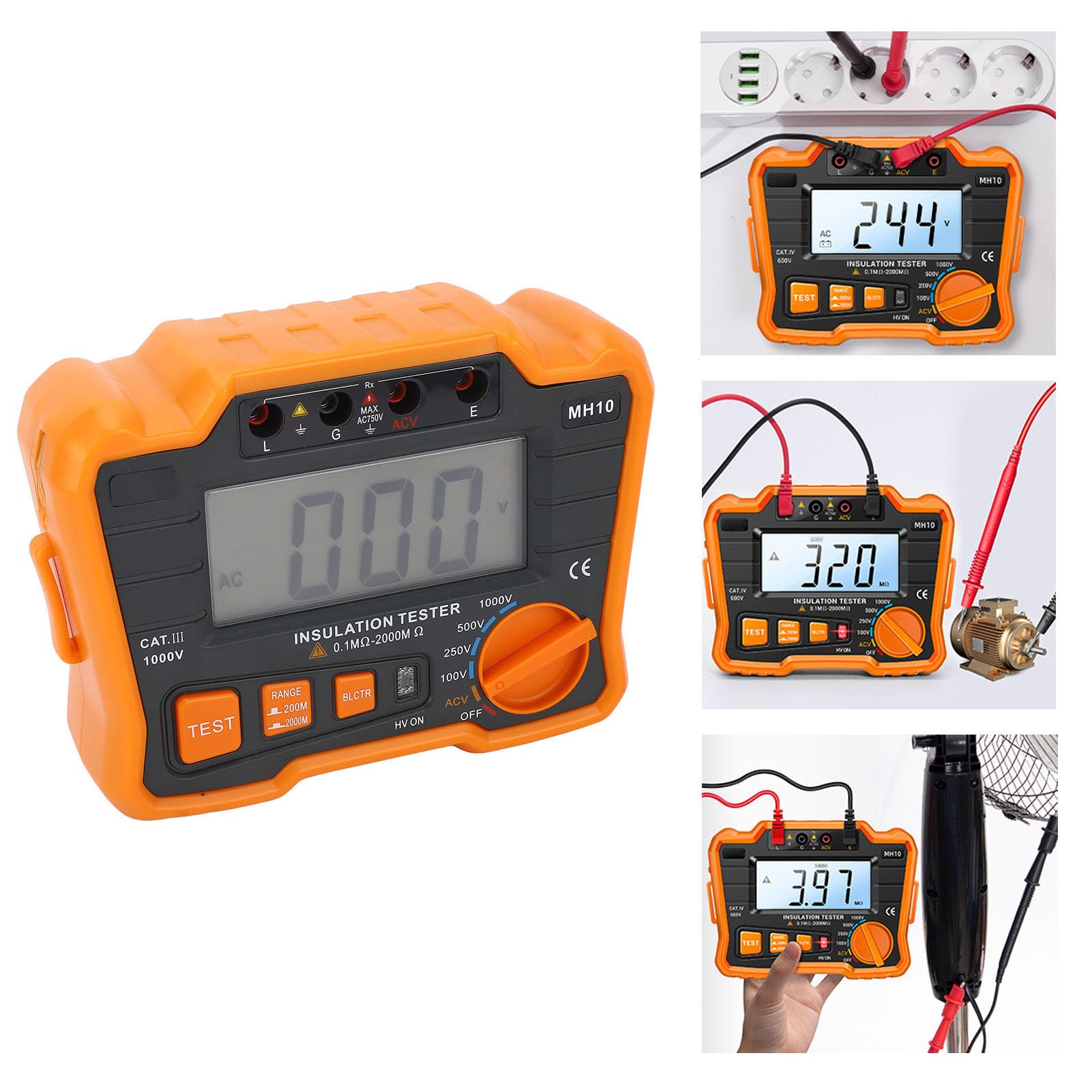 Cyfrowy tester izolacji, miernik oporu, licznik LCD do pomiaru, megomomierz z dużym zakresem pomiarowym 0,1-2000 MΩ, obudowa silikonowa, automatyczna praca