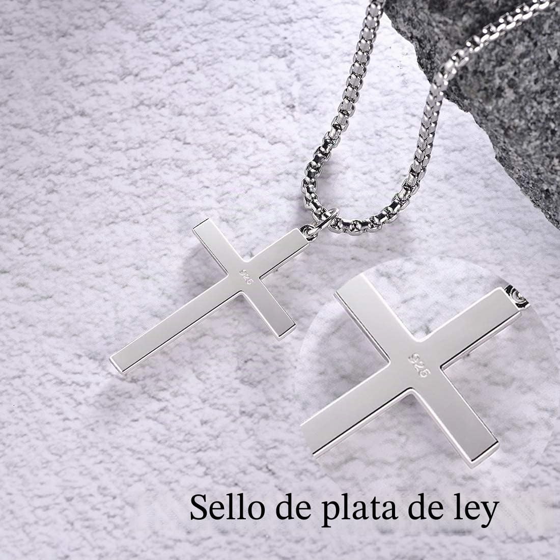 FANCIME Collar con Colgante de Cruz para Hombre Niños de Plata de Ley 925 Chapada Oro Blanco con Cadena de Acero Inoxidable - Longitud Cadena: 61 cm