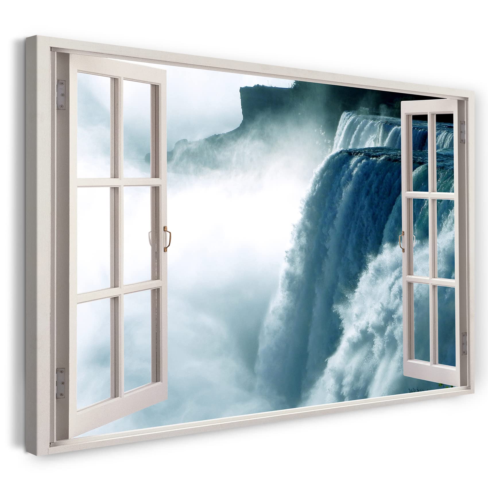 Print on Canvas (120x80 cm) view from the window - large waterfall river nature - nature photography, real wood frame with hook