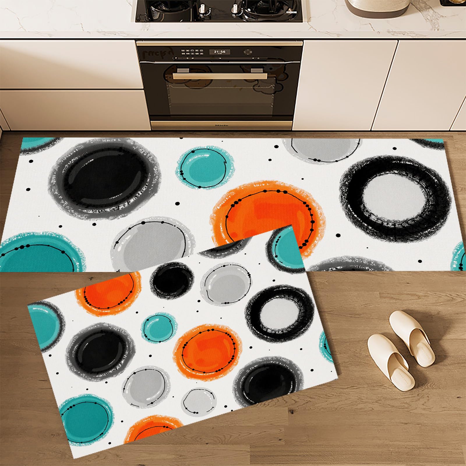 Tapis de cuisine antidérapants lot de 2 pour sol glissant motif circulaire orange