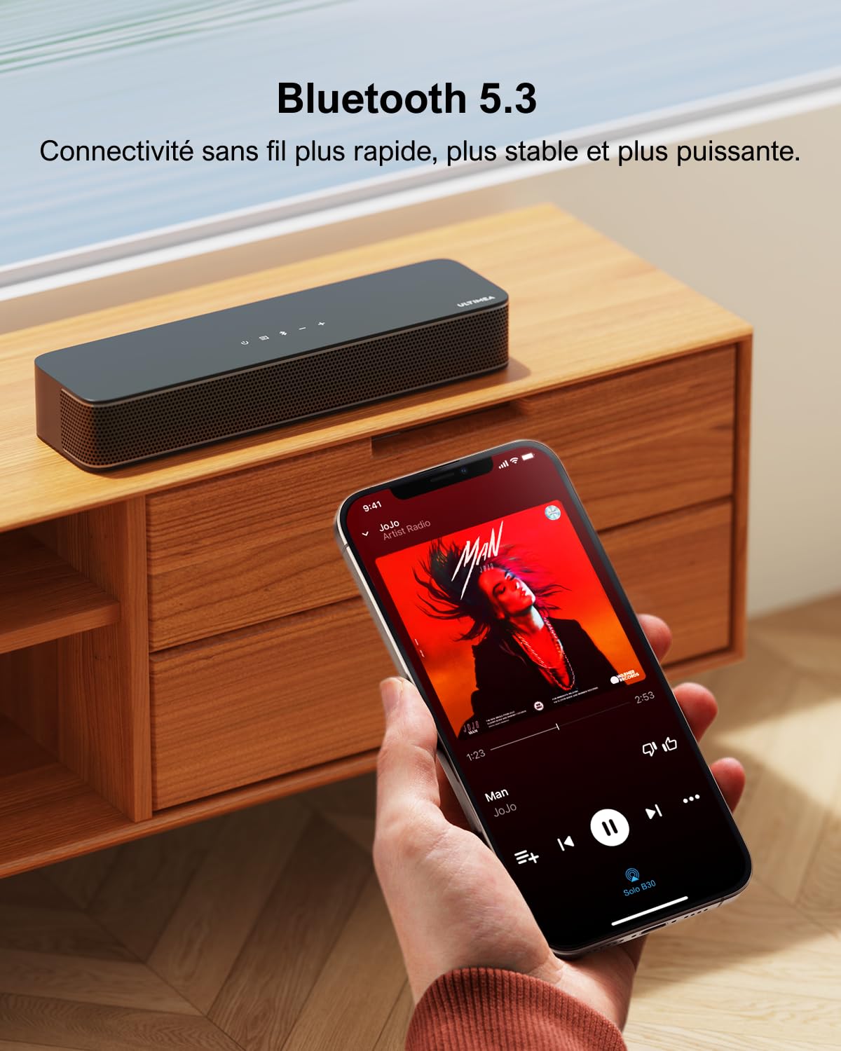 ULTIMEA 2.1ch Barre de Son TV, Caisson de Basse Intégré, App Contrôle, Barre de Son PC Tout-en-Un pour Jeux, Barres de Son Haut-Parleurs Bluetooth 5.3, Opt/AUX/Support Mural, Solo B30