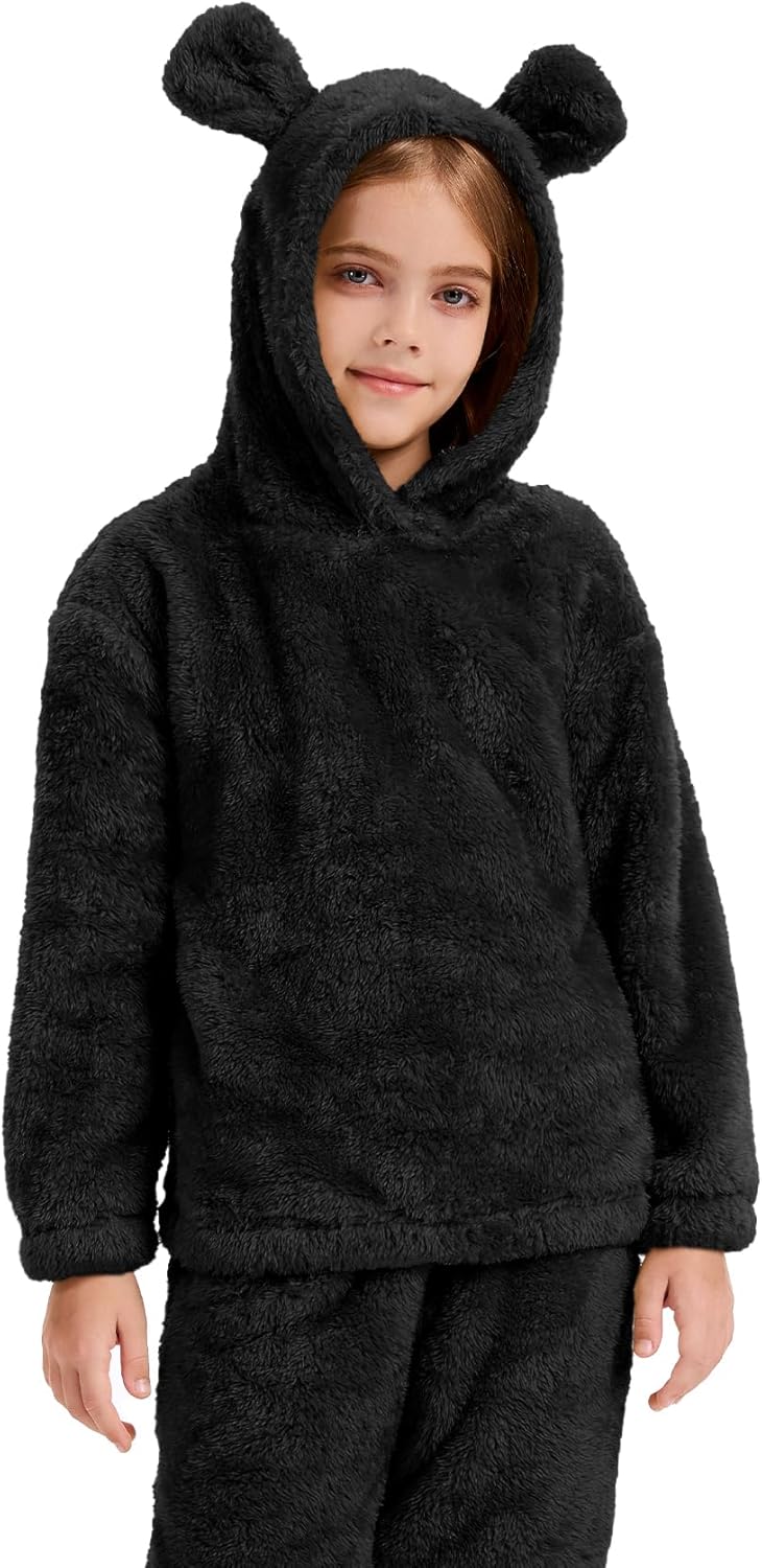 Flygo Girls Fuzzy Pants Set Crop Hoodie Bear Ear Two Piece Outfits Fluffy Sweatshirt and Fleece Pants Sweatsuit