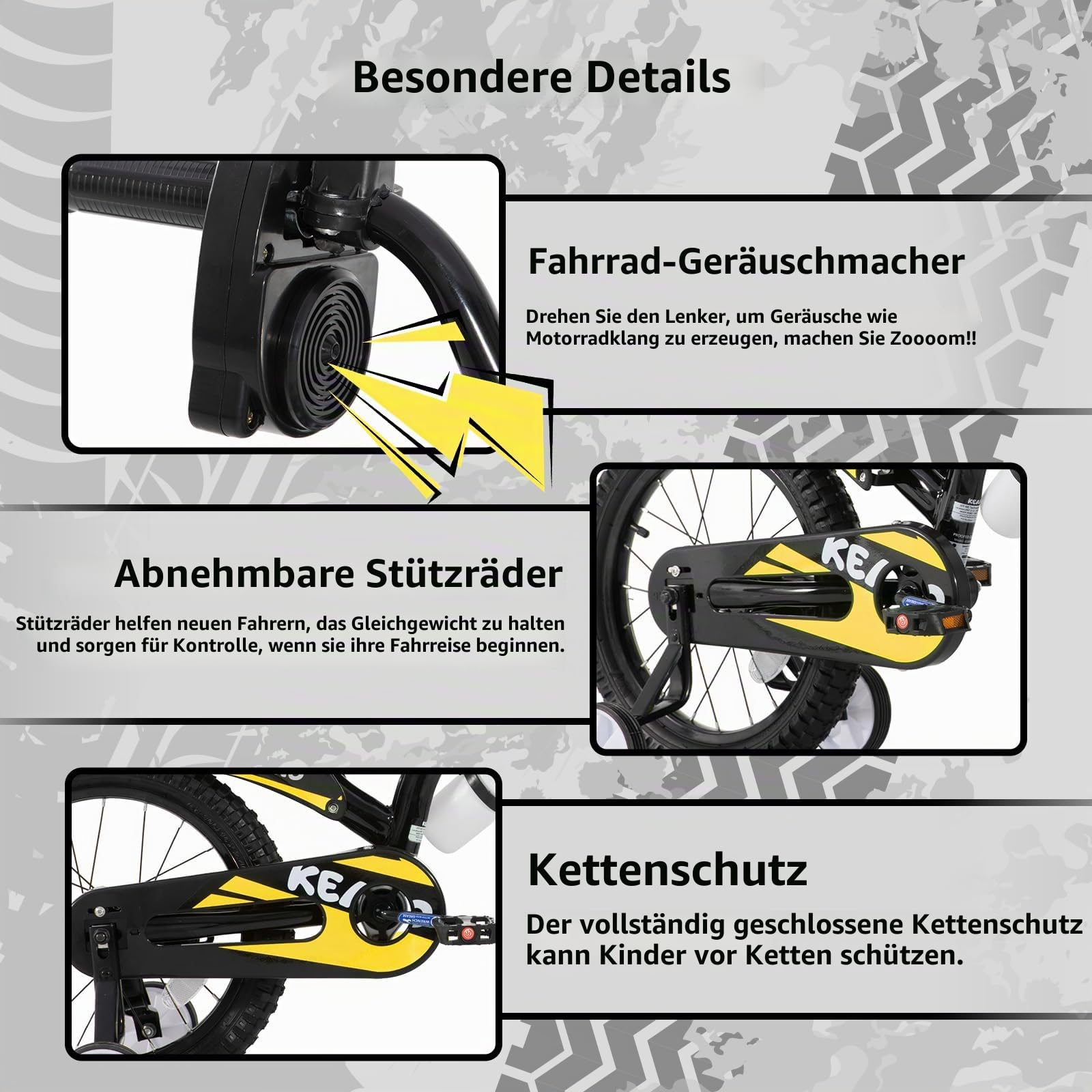 KEANO Motocross-Style-Kinderfahrrad für Jungen und Mädchen im Alter von 3–7 Jahren, 12- und 16-Zoll-Räder mit Stützrädern und Nummernschild, Kinderfahrräder in Schwarz