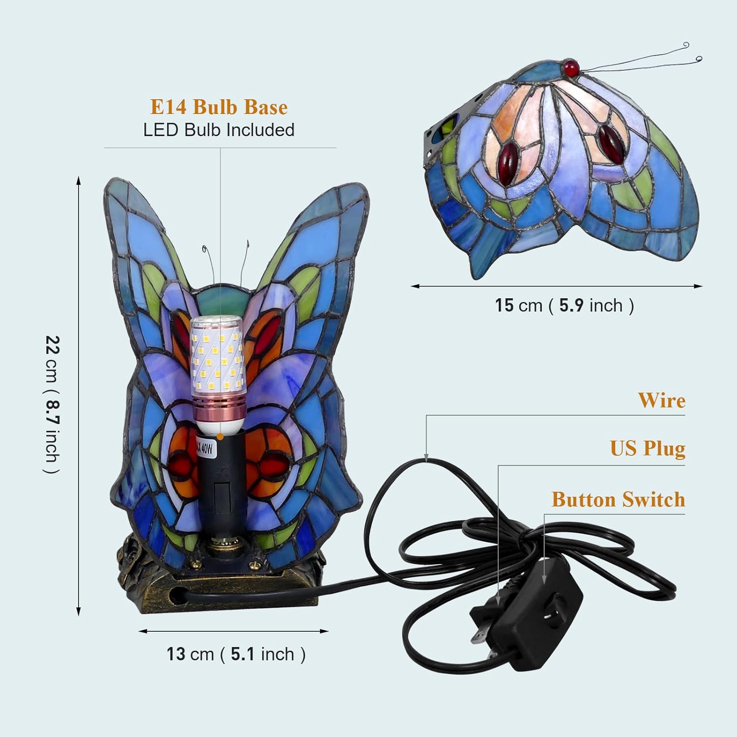 Tiffany Lamp Blue Butterfly Style Table Lamp Small Desk Lamp Vintage Tiffany Table Lamp for Bedroom Living Room Home Office Decoration Gift, Color Changing LED Bulb Included