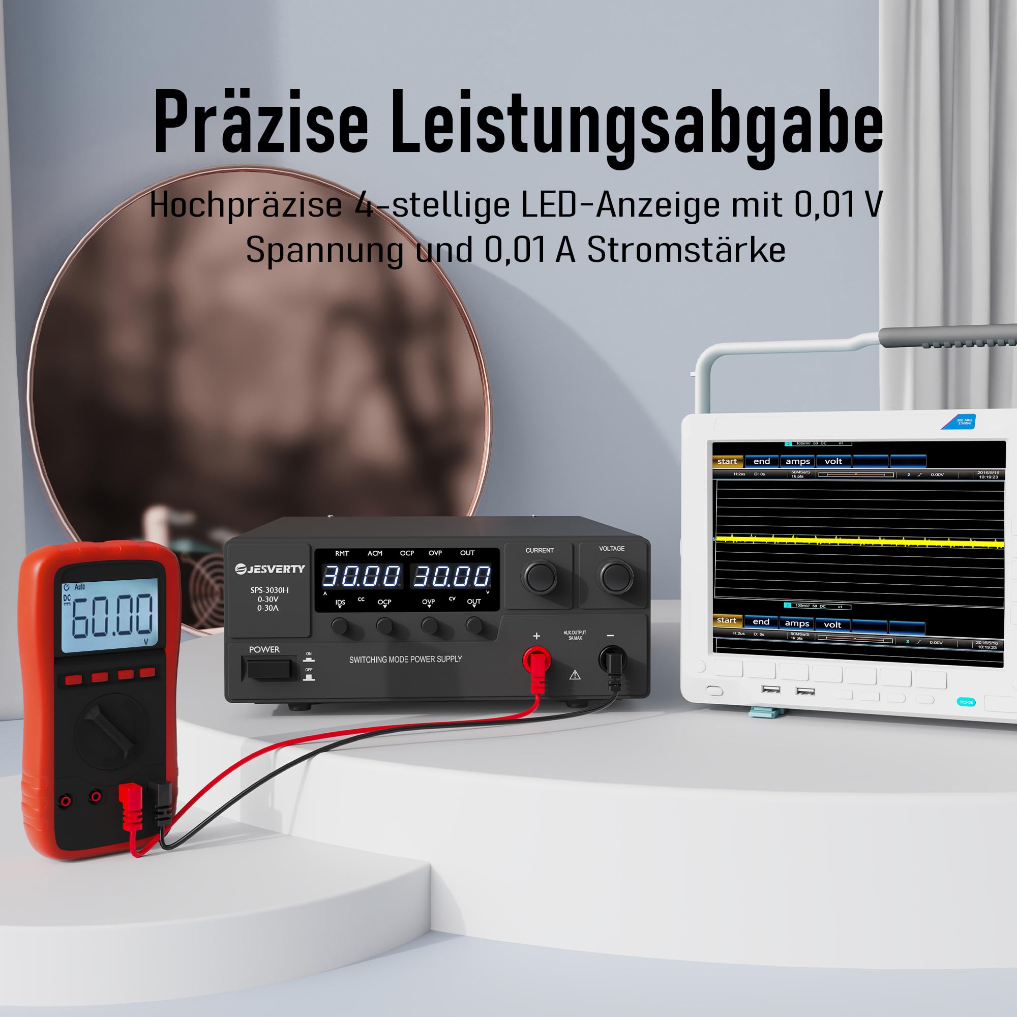 Labornetzteil, Jesverty DC-Netzteil Variabel, 0–30V 0–30A 900W Schaltnetzteil mit Encoder-Knopf, Ausgangs-EIN/Aus-Schalter, 4‑stelliger LED-Anzeige, OVP & OCP, Zusatzausgangsanschluss – SPS‑3030H