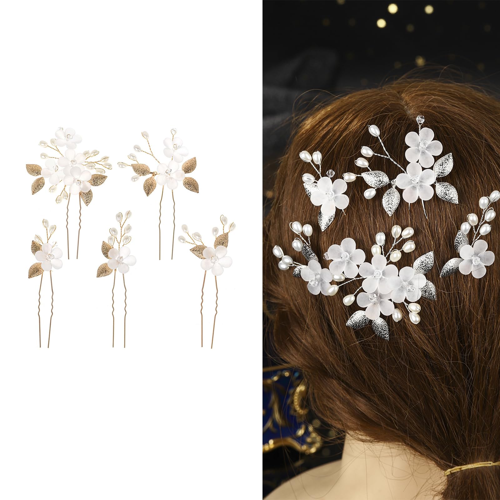 2 Forcine Per Capelli Da Sposa In Porcellana Con Perle E Strass - Accessorio Per Acconciature Matrimoniali, Regalo Per Damigelle (Argento-C)