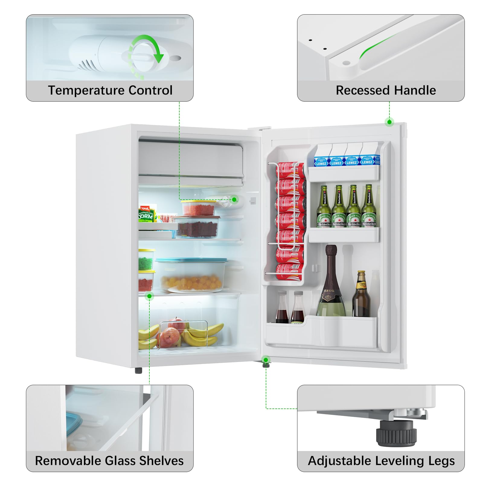 dainslef 4.3 Cu.Ft. Single Door Compact Refrigerator with Freezer - Slide Out Glass Shelf, Compact Fridge for Bedroom, Office, Dorm