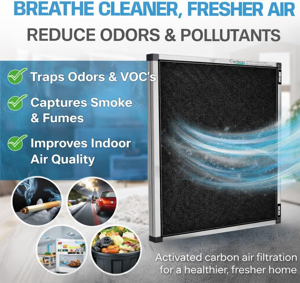 20x20x1 Reusable Air Filter Frame with High Air Flow Activate Carbon Media, MERV 7, Made in USA, AC HVAC Furnace Filter Holder