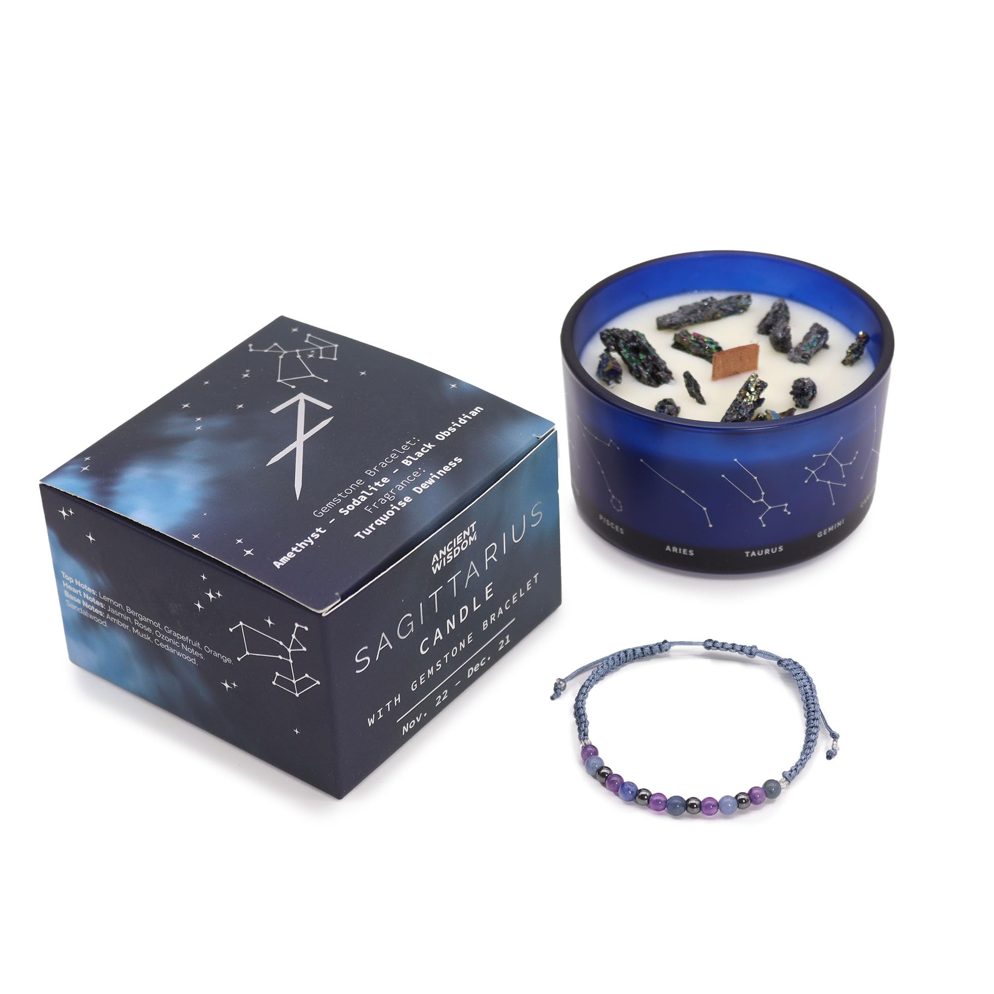 Zodiac Candle with Natural Stones and Semi-Precious Stones Bracelet in Gift Box – Scented Candles Aromatherapy – Original Gift to Connect with the Horoscope Sign (Sagittarius)