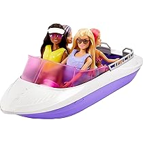 Barbie – Playset Sirene con 2 bambole Malibu e Brooklyn e barca lunga 46+ cm con fondo trasparente per 4 bambole, accessori inclusi, giocattolo per bambini, 3+ anni, HJK58