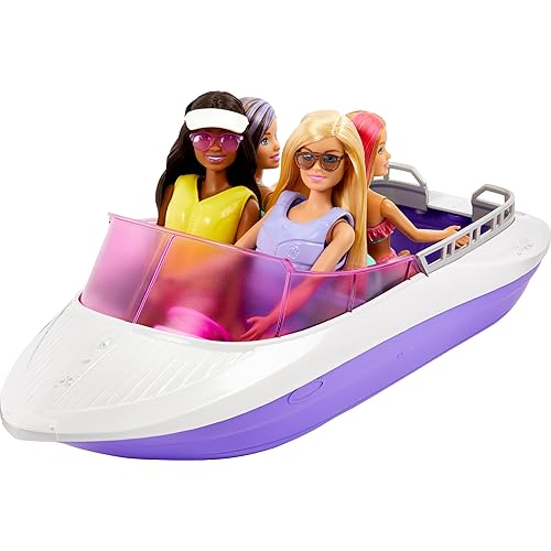Barbie - Playset Sirene con 2 bambole Malibu e Brooklyn e barca lunga 46+ cm con fondo trasparente per 4 bambole, accessori inclusi, giocattolo per bambini, 3+ anni, HJK58