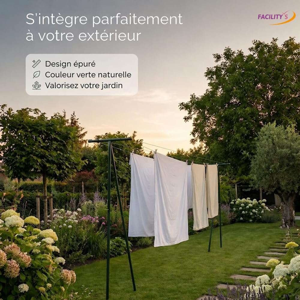 FACILITYS Lot de 2 Poteaux d'Étendage Extérieur en Acier Laqué - Support Corde à Linge Jardin - Séchoir à Linge Extérieur Robuste et Durable