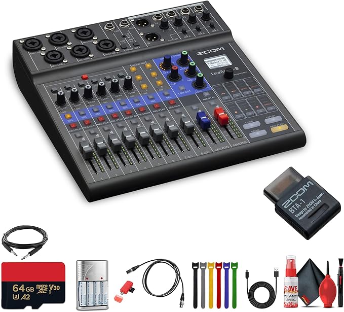 Zoom LiveTrak L-8 Portable 8-Channel Digital Mixer and Multitrack Recorder Bundle With XLR Female to Male Cable + Balanced Interconnect 1/4 inch TRS to Same Cable + USB Type A to USB Type C Cable