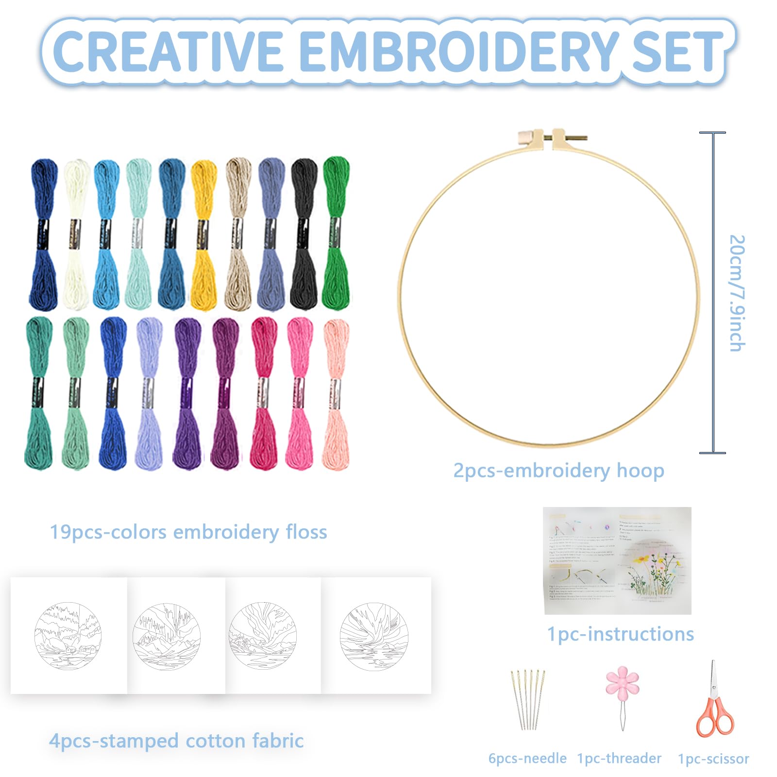 FREEBLOSS 4 Set Stickset Für Anfänger Nadelspitzenstickerei Starterset Mit Vorgedrucktem Aurora Muster Anleitung Farbige Fäden 2 Creolen 7.9"/20cm